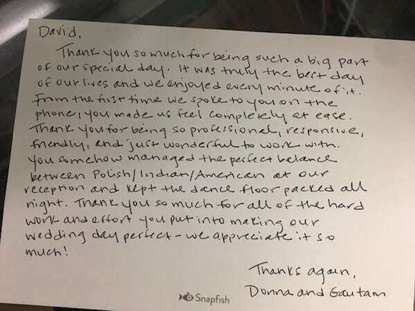 Long Island Wedding With DJ Thank you letter to DJ Dave