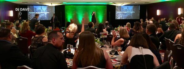 Marriott Marquis DJ Corporate Event full room view of Astor Ballroom with DJ at Back Left